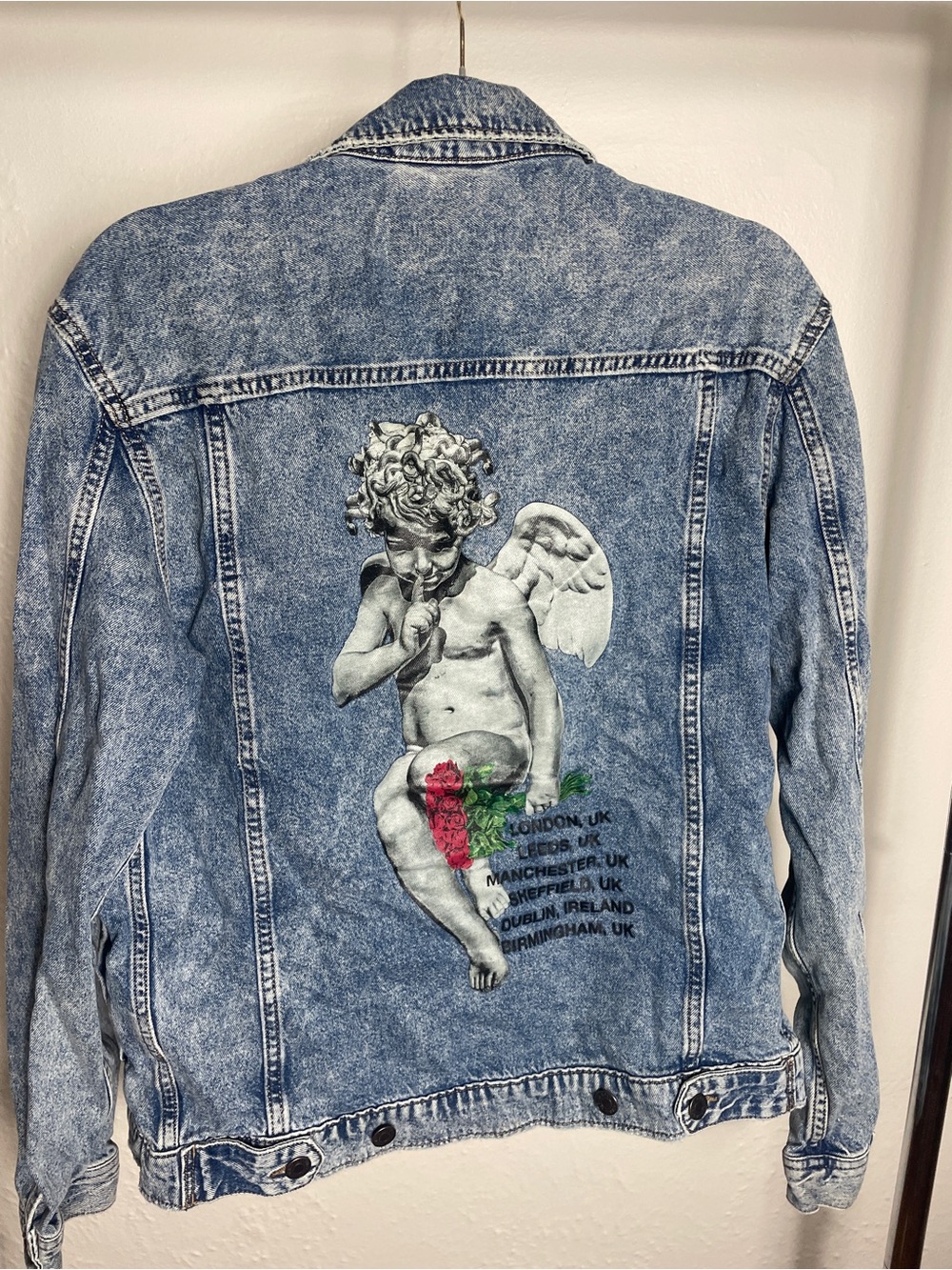 Acid Wash Denim Jacket with Cherub Graphic - Blue
